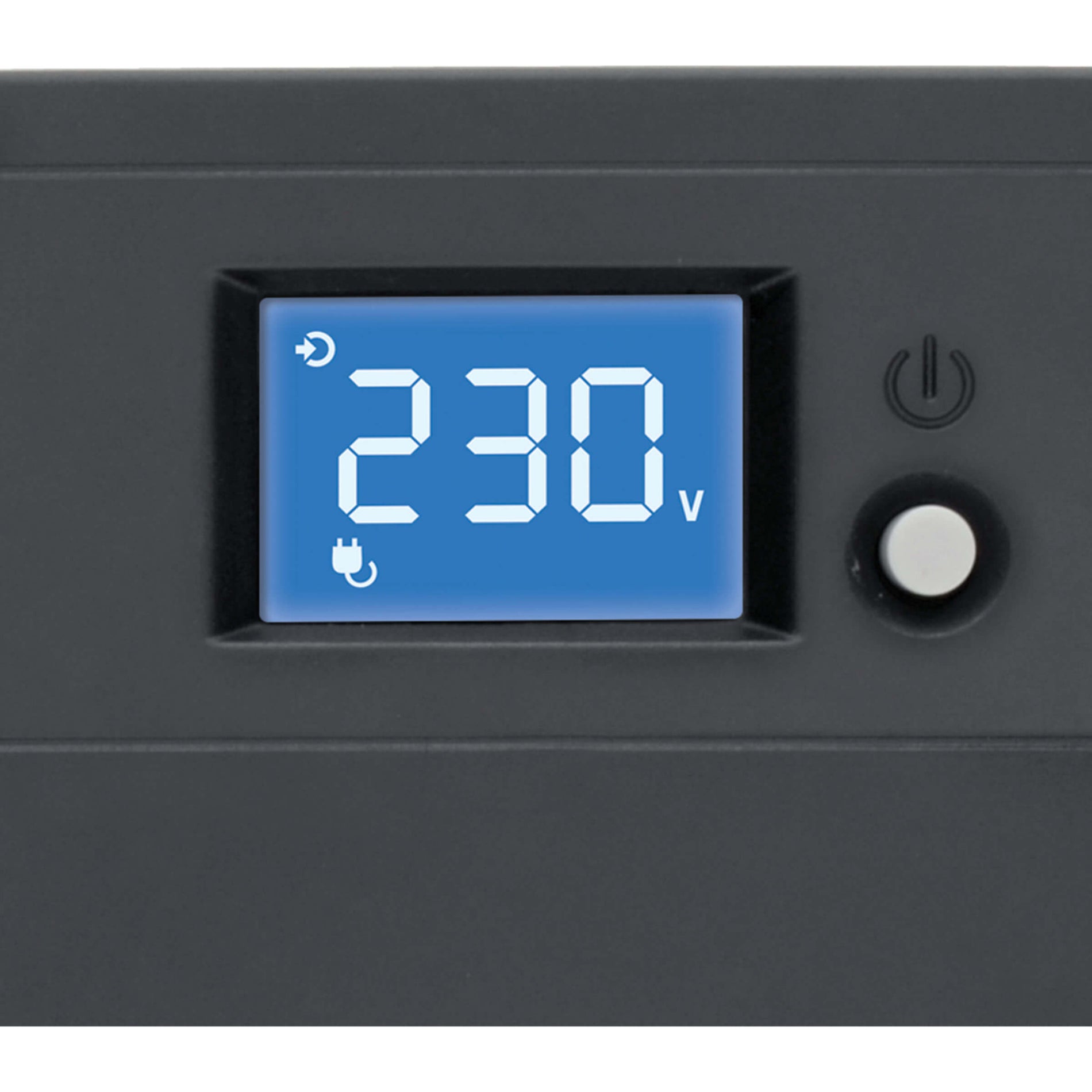 Close-up of UPS LCD display showing 230V reading with power indicators-alternate-image3