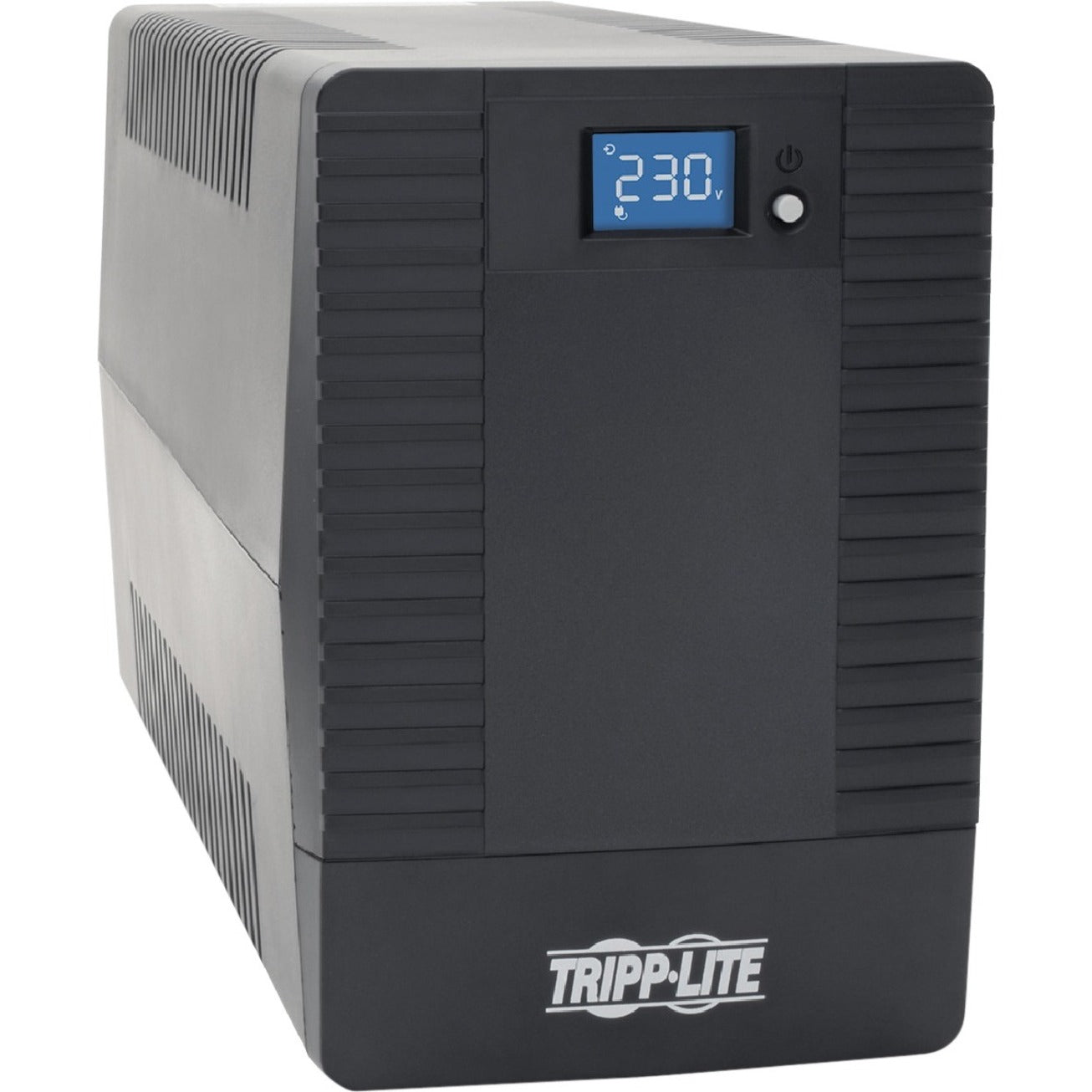 Front view of Tripp Lite OMNIVSX1500 UPS showing LCD display with 230V reading and control interface-alternate-image1