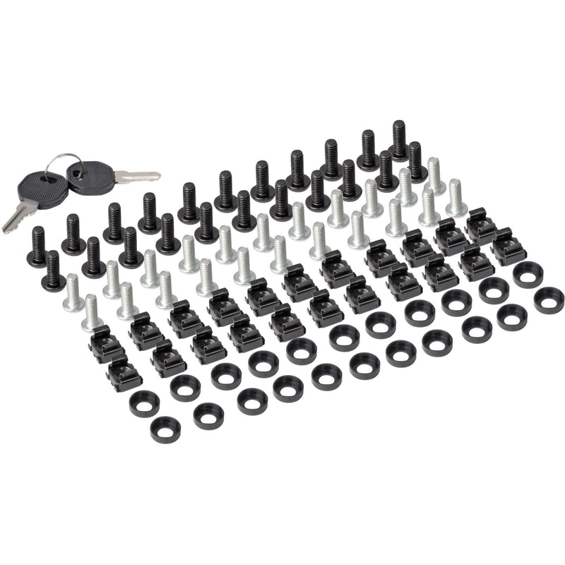 Complete set of mounting hardware including cage nuts, screws, and keys