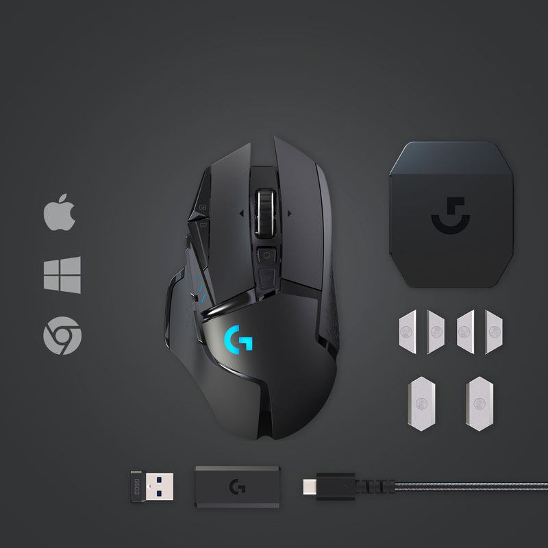 Logitech G502 LIGHTSPEED complete package with accessories and platform compatibility icons