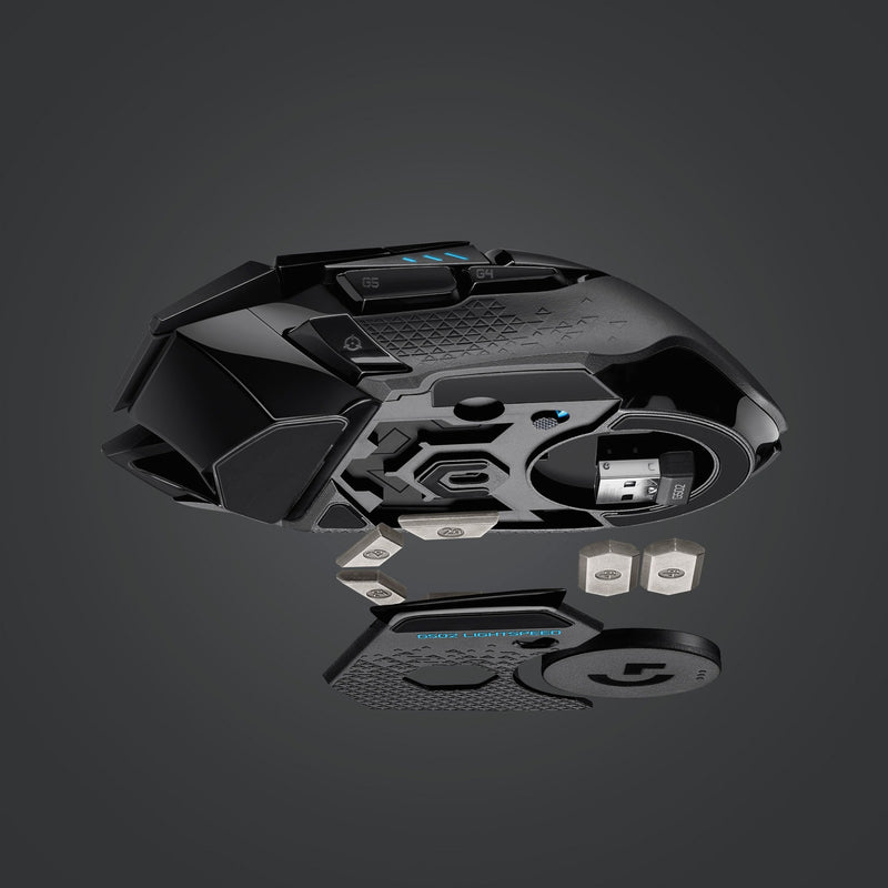 Exploded view of Logitech G502 LIGHTSPEED showing removable weights and internal structure