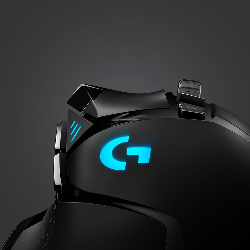 Close-up of Logitech G502 LIGHTSPEED's RGB logo and lighting elements