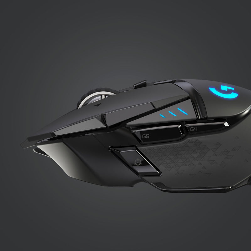 Side profile of Logitech G502 LIGHTSPEED gaming mouse highlighting programmable buttons and grip texture