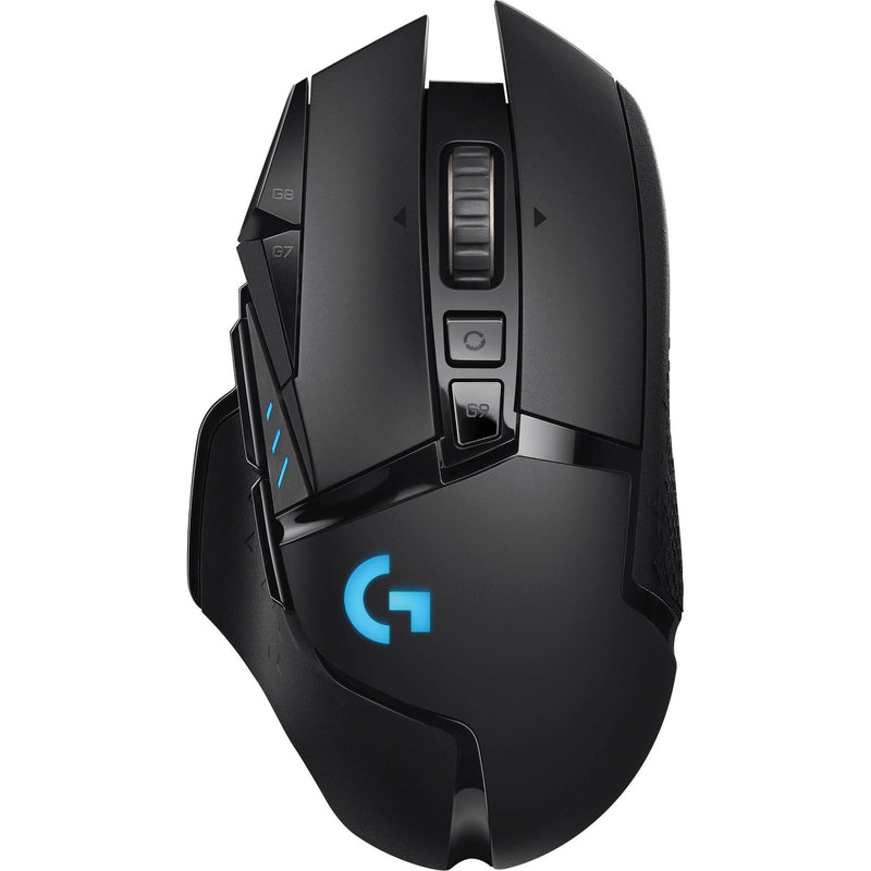 Logitech G502 LIGHTSPEED wireless gaming mouse top view showing programmable buttons and RGB lighting