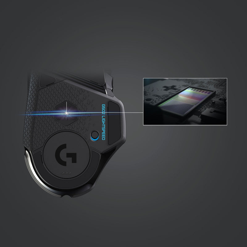 Close-up of Logitech G502 LIGHTSPEED mouse sensor with technical overlay