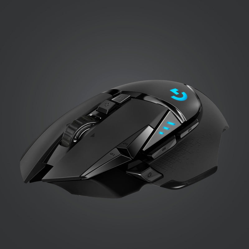 Side view of Logitech G502 LIGHTSPEED gaming mouse showing ergonomic design and button layout