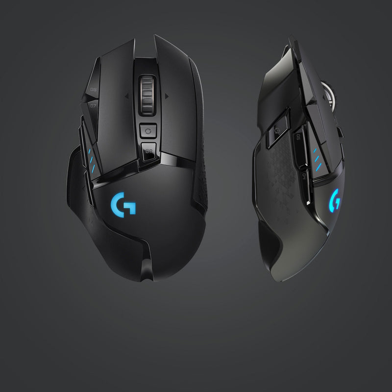 Dual view of Logitech G502 LIGHTSPEED showing top and side perspectives