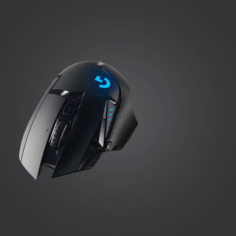 Angular view of Logitech G502 LIGHTSPEED showing ergonomic design and RGB logo