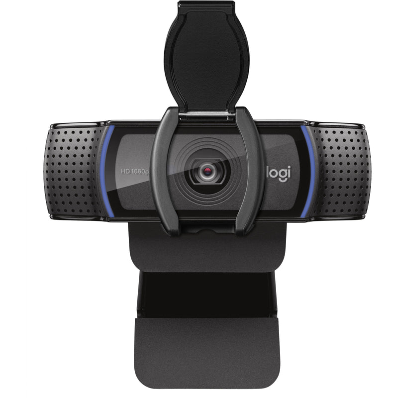 Logitech C920S HD PRO Webcam front view with privacy shutter open showing 1080p camera lens