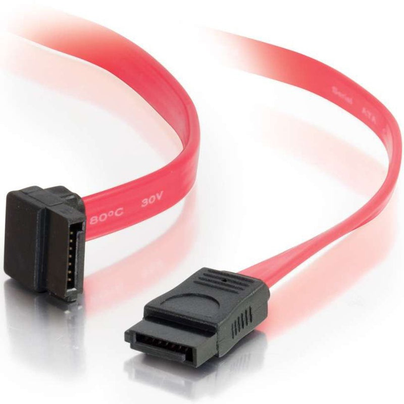 C2G SATA cable with 180-degree and 90-degree connectors showing translucent red cable design