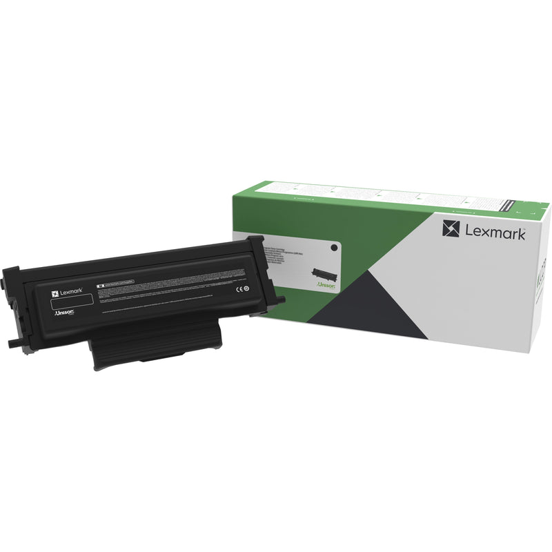 Lexmark B221000 black toner cartridge shown with retail packaging featuring Lexmark's distinctive green and white design