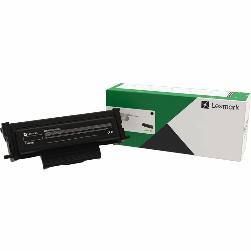 Lexmark B221X00 black extra high yield toner cartridge shown with retail packaging featuring Lexmark's distinctive green and white design