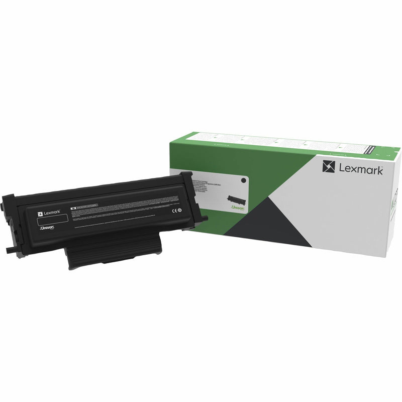 Lexmark B221H00 black high-yield toner cartridge shown with retail packaging featuring Lexmark's distinctive green and gray design