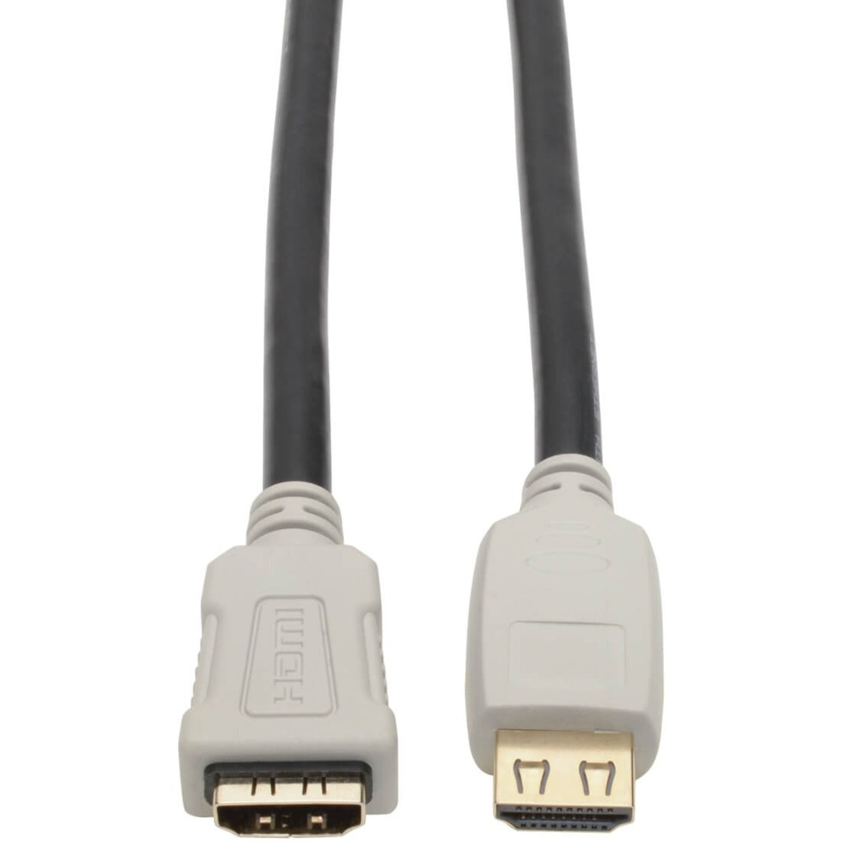 Close-up view of gold-plated HDMI connectors on black cable showing male and female ends-alternate-image1