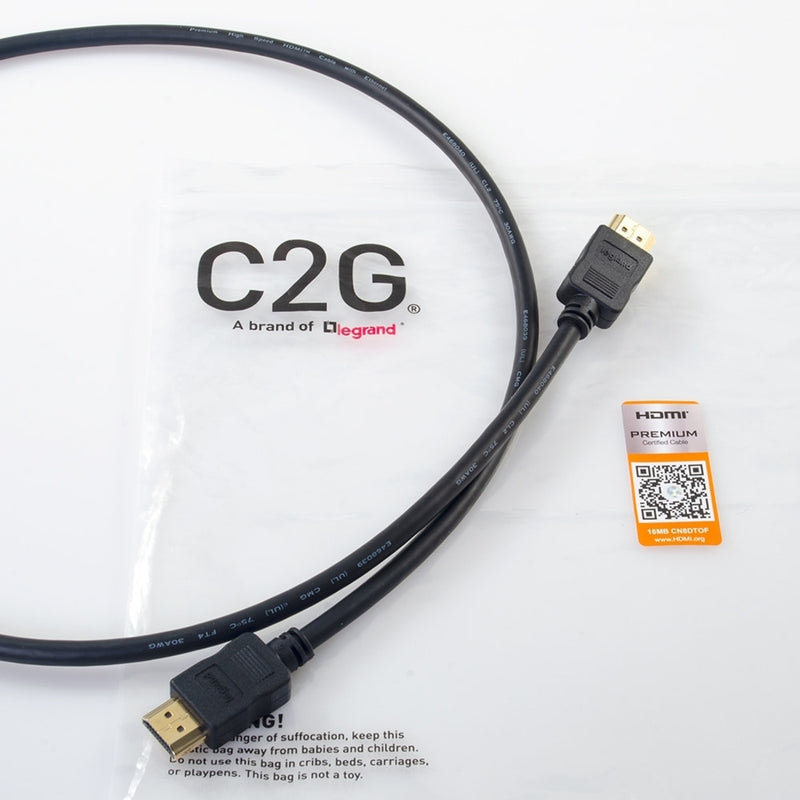 Full product shot of C2G HDMI cable with packaging and certification label