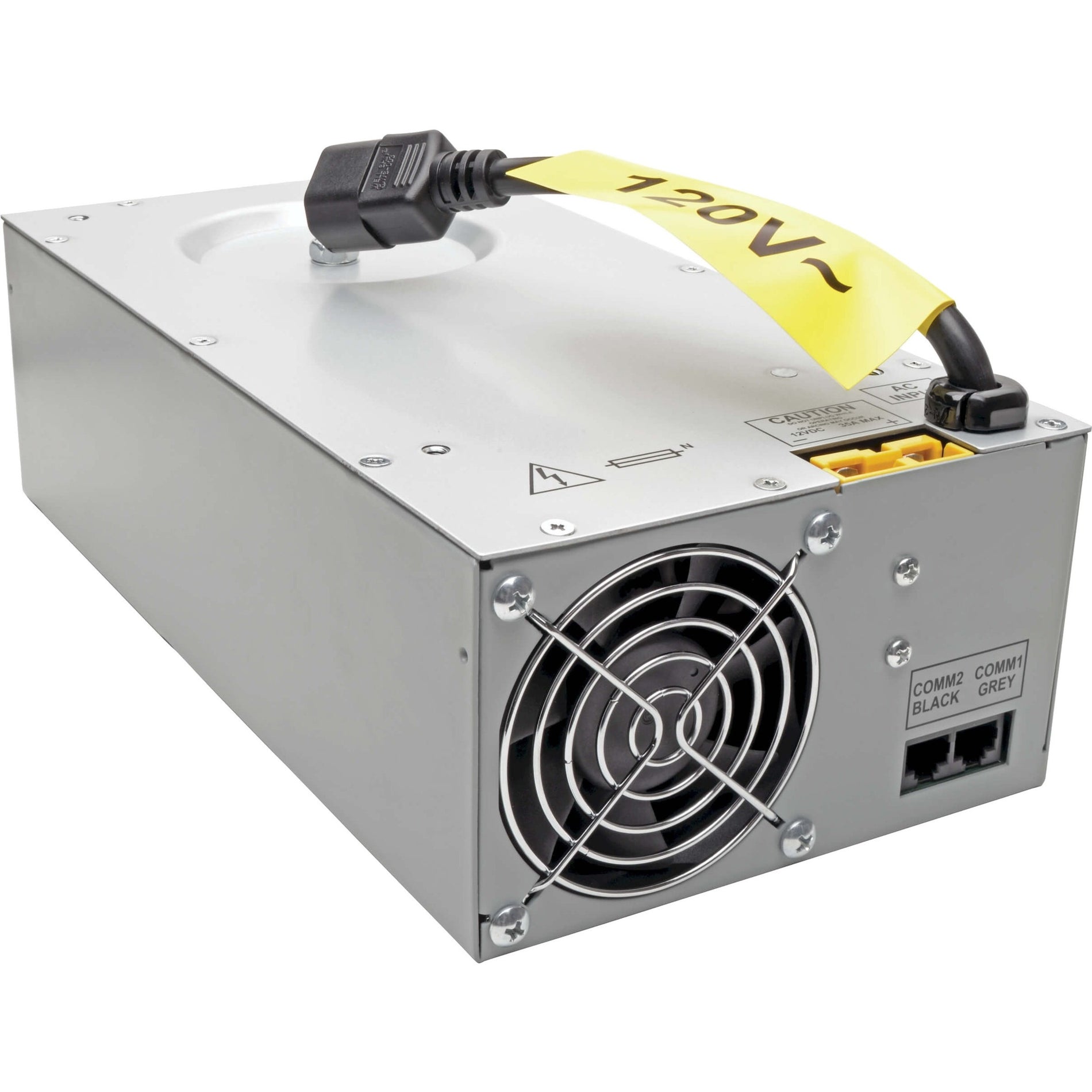 Front view of Tripp Lite HC350SR power inverter showing cooling fan and steel chassis construction-alternate-image1