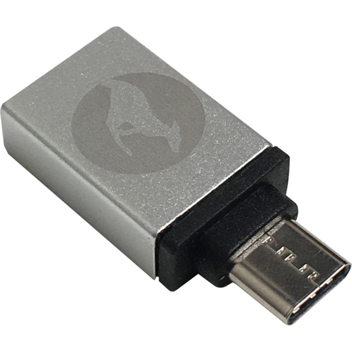 Angled view of Kanguru USB-C adapter showing branded logo and premium finish