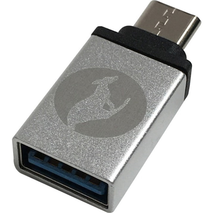 Close-up view of Kanguru USB-C to USB 3.0 adapter showing silver aluminum construction and blue USB port