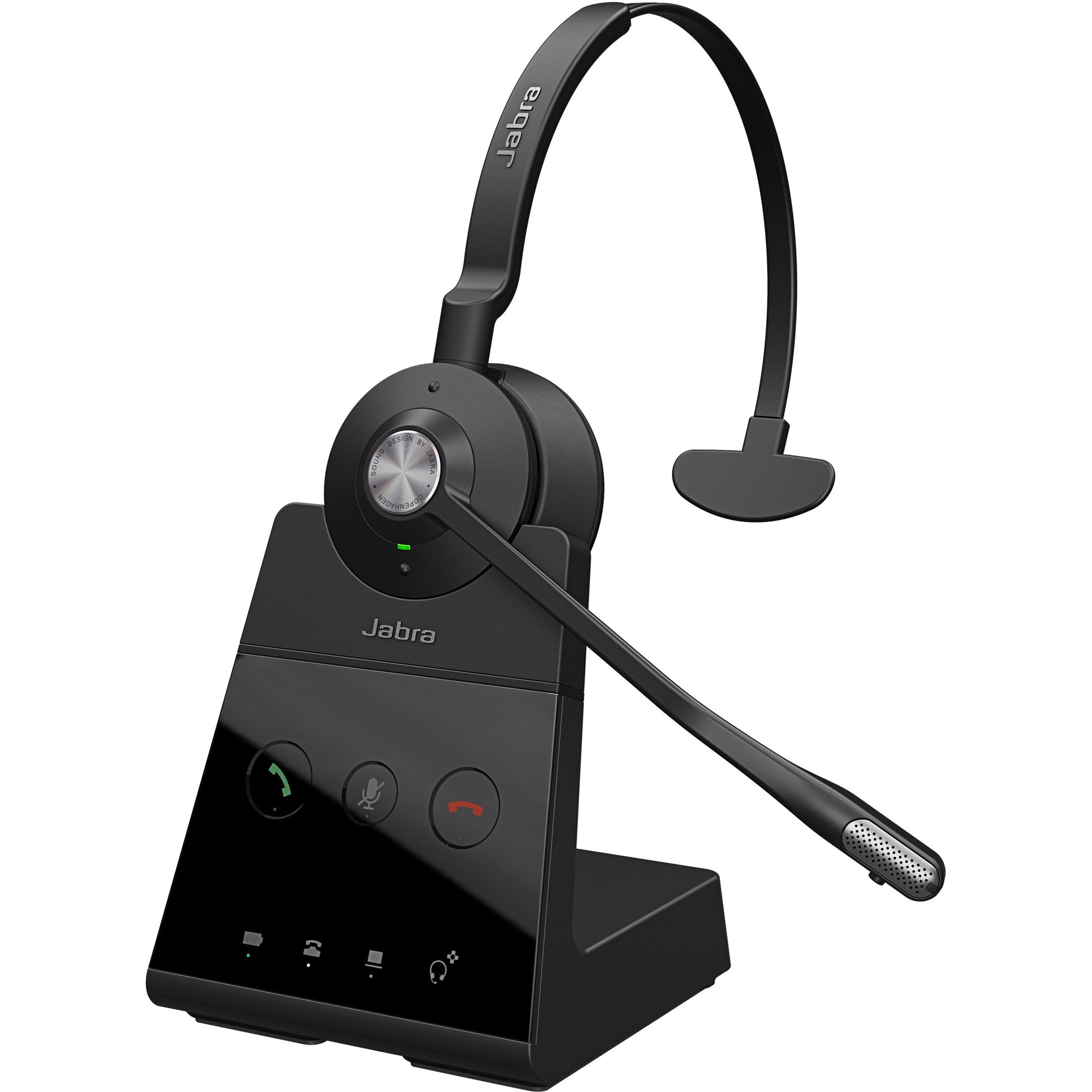 Jabra Engage 65 Mono headset with charging base showing control buttons and LED indicators-alternate-image1