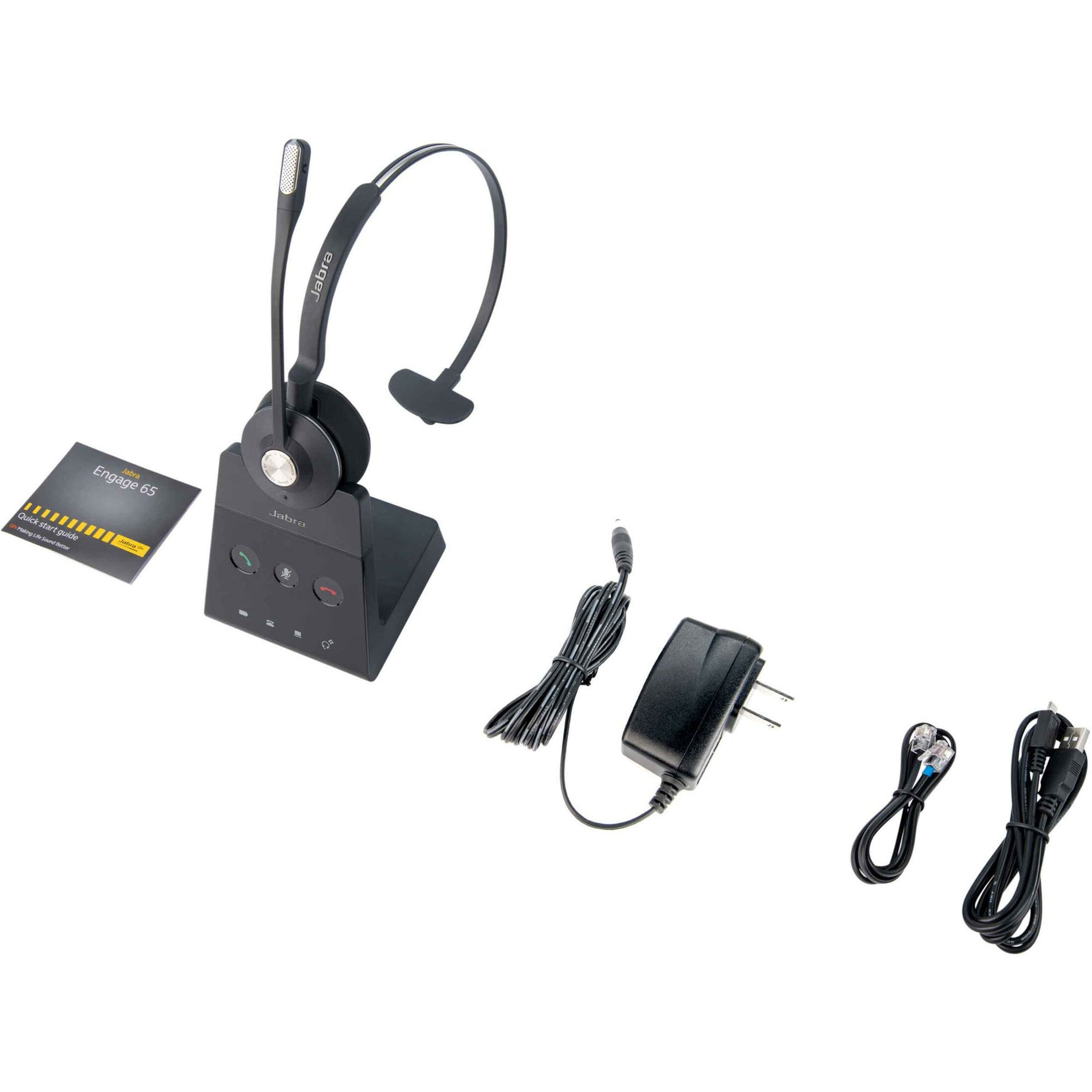 Complete package contents of Jabra Engage 65 Mono including headset, base, and accessories-alternate-image8