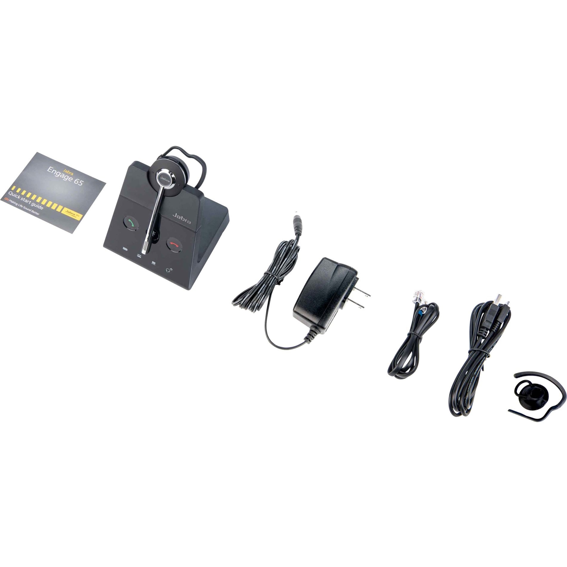 Jabra Engage 65 headset complete package showing base unit, headset, power adapter, and connection cables-alternate-image1