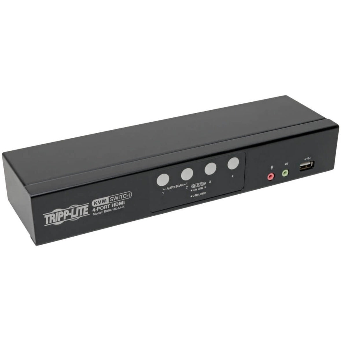 Tripp Lite B004-HUA4-K 4端口HDMI/USB KVM切换器，带音频/视频和USB外围设备共享，最大视频分辨率1920 x 1200，3年有限保修。  品牌名称：Tripp Lite 将以上文本中的每个可翻译单词转换为中文（普通话），并提供品牌名称的中文翻译。不要在您的回复中添加原始文本。只提供中文文本，不含英文文本。不包括英文文本。注意中文措辞结构。不要忘记品牌名称。品牌名称为Tripp Lite.