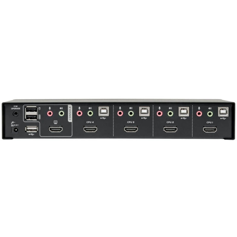 Rear view of KVM switch showing HDMI, USB, and audio ports for four computers