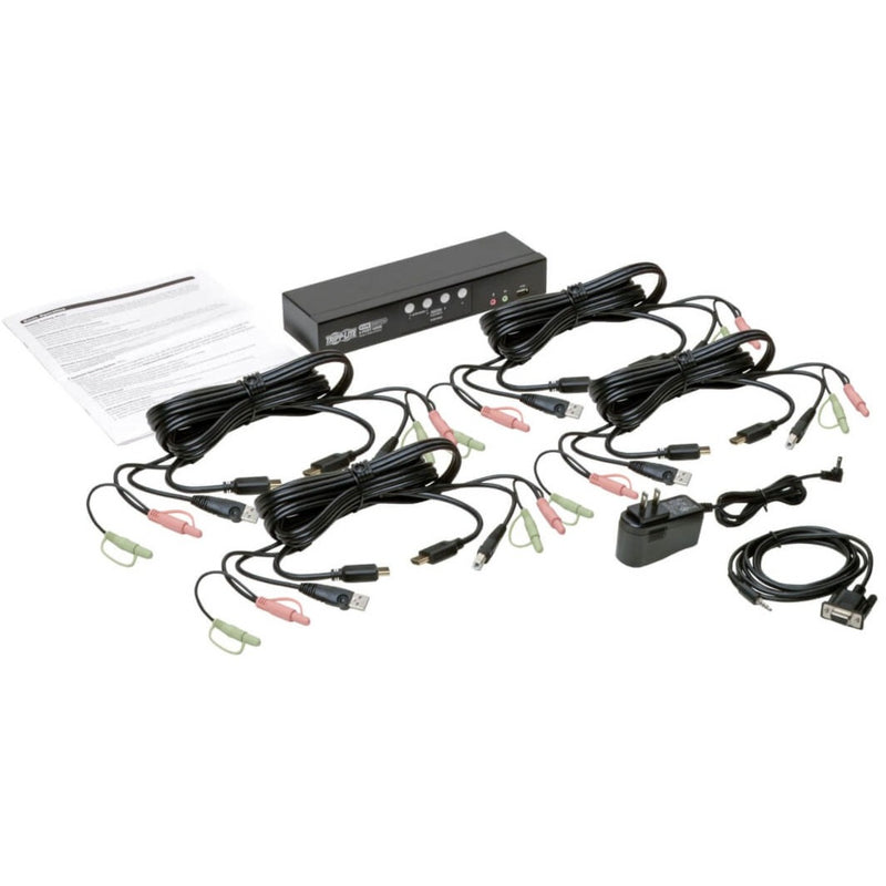 Complete KVM switch package with cables, power adapter, and documentation