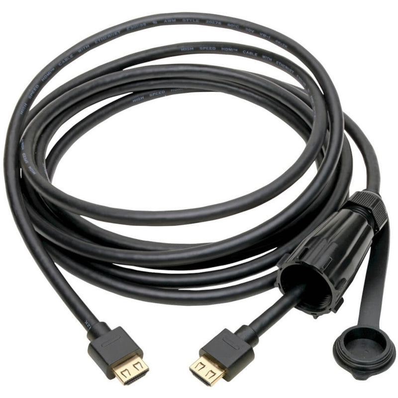 Full length view of 12-foot industrial HDMI cable with waterproof connector