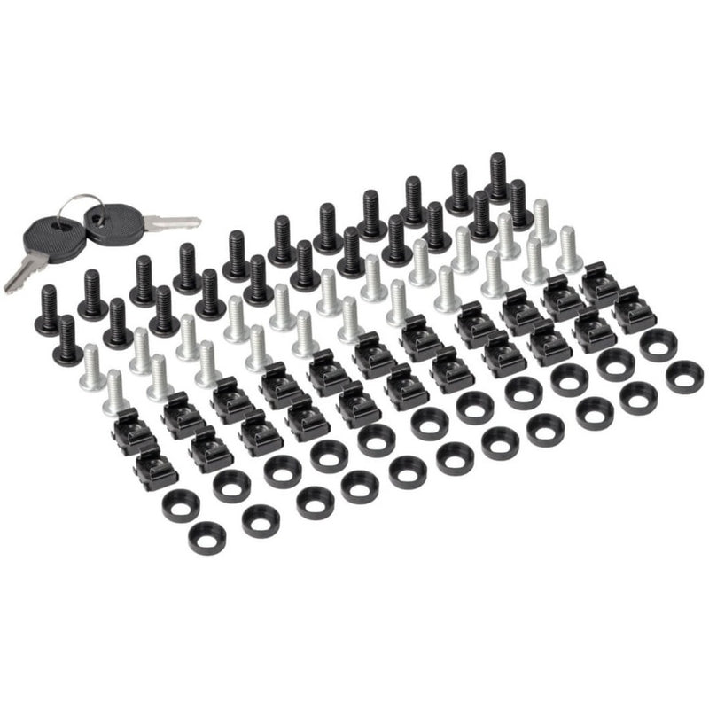 Complete set of mounting hardware including cage nuts, screws, and security keys