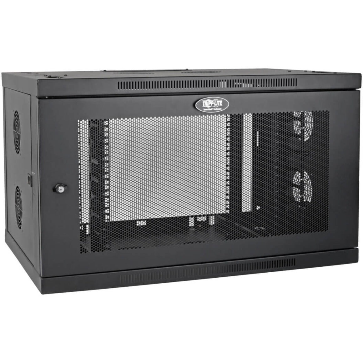 Front view of Tripp Lite SRW9UDPVRT wall-mount rack cabinet showing perforated mesh door and ventilation design-alternate-image1