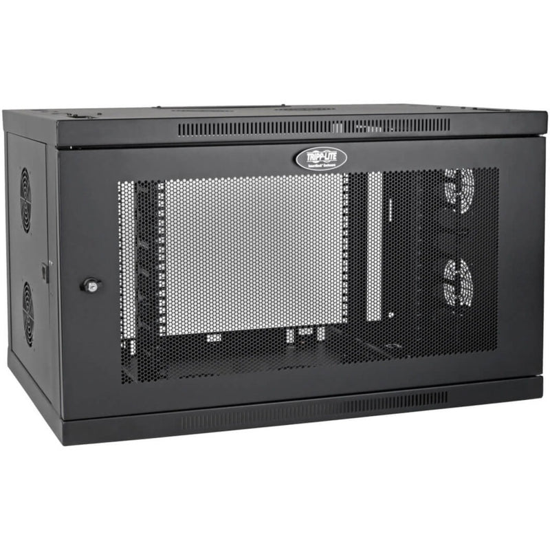 Front view of Tripp Lite SRW9UDPVRT wall-mount rack cabinet showing perforated mesh door and ventilation design