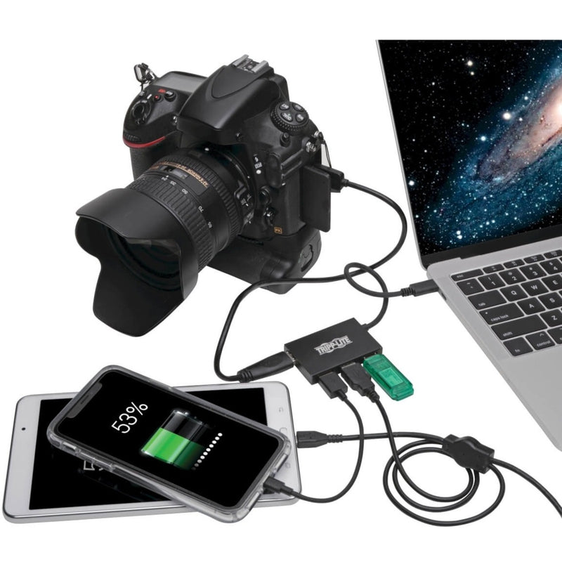 Tripp Lite USB hub connected to laptop with camera and mobile devices