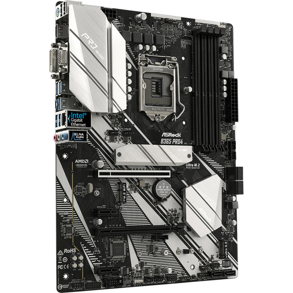 ASRock LGA1151 ATX M/B B365 PRO4 Desktop Motherboard, Intel Chipset, Core i5/i9/i7/i3/Celeron/Pentium Processor Supported, 64GB Maximum Memory, Gigabit Ethernet, HDMI/VGA/DVI, USB 3.1, 7.1 Audio Channels