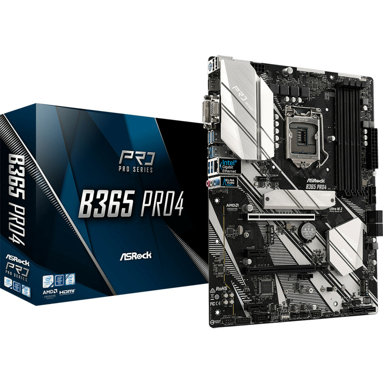 ASRock LGA1151 ATX M/B B365 PRO4 Desktop Motherboard, Intel Chipset, Core i5/i9/i7/i3/Celeron/Pentium Processor Supported, 64GB Maximum Memory, Gigabit Ethernet, HDMI/VGA/DVI, USB 3.1, 7.1 Audio Channels