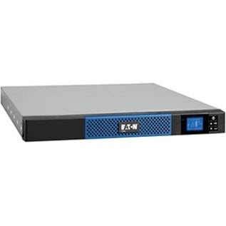 Eaton 5P1500R-L UPS shown in 1U rack-mount configuration with blue accent panel and LED display