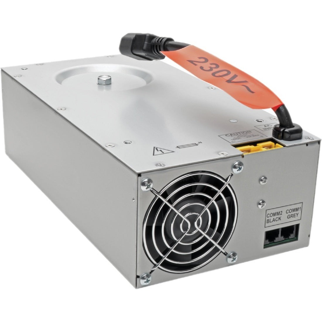 Side view of Tripp Lite HCINT350SNR medical power inverter showing cooling fan and connection ports-alternate-image1