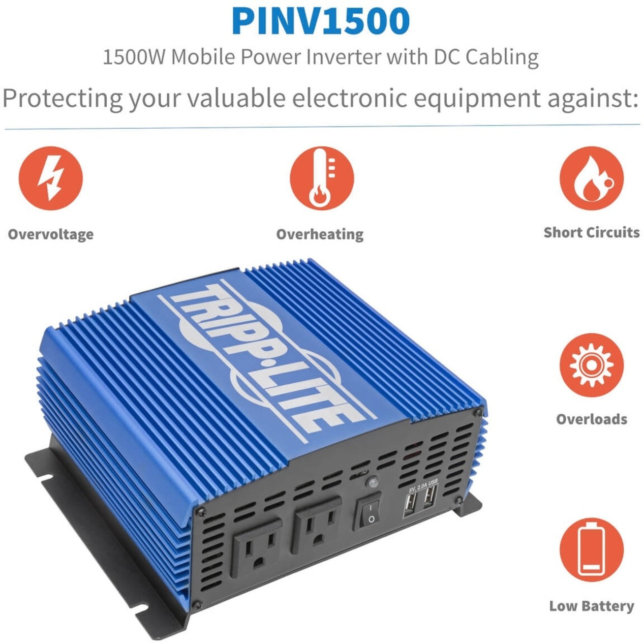 Tripp Lite PINV1500 Power Inverter, 1500W Compact Mobile Portable 2 Outlet 2 USB Port