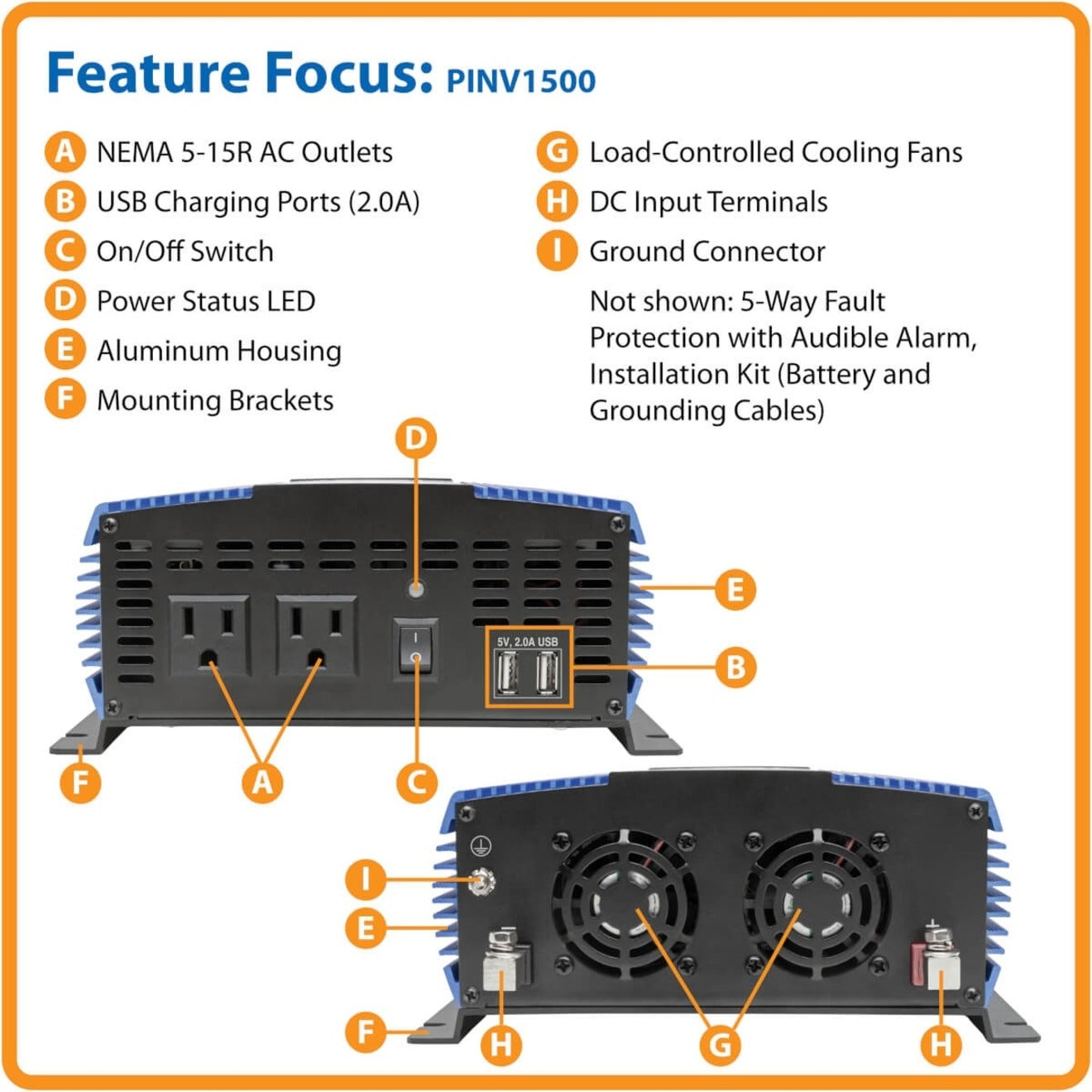 Tripp Lite PINV1500 Power Inverter, 1500W Compact Mobile Portable 2 Outlet 2 USB Port