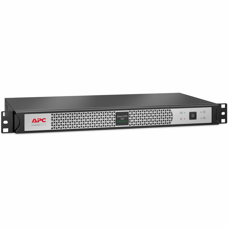 Angled view of APC Smart-UPS 500VA showing slim profile and rack-mounting features