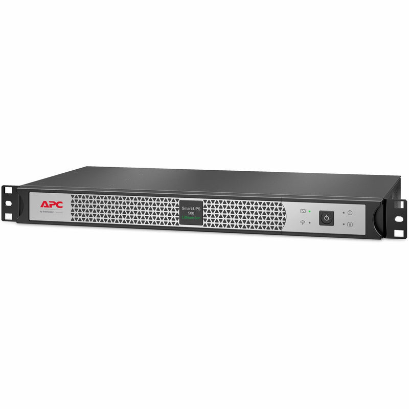 Side angle view of APC Smart-UPS 500VA displaying compact design and professional finish