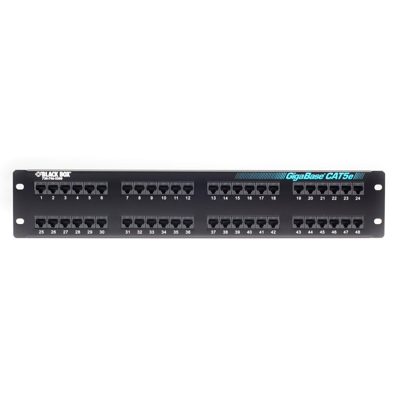 Direct front view of Black Box CAT5e patch panel showing numbered port layout and labeling