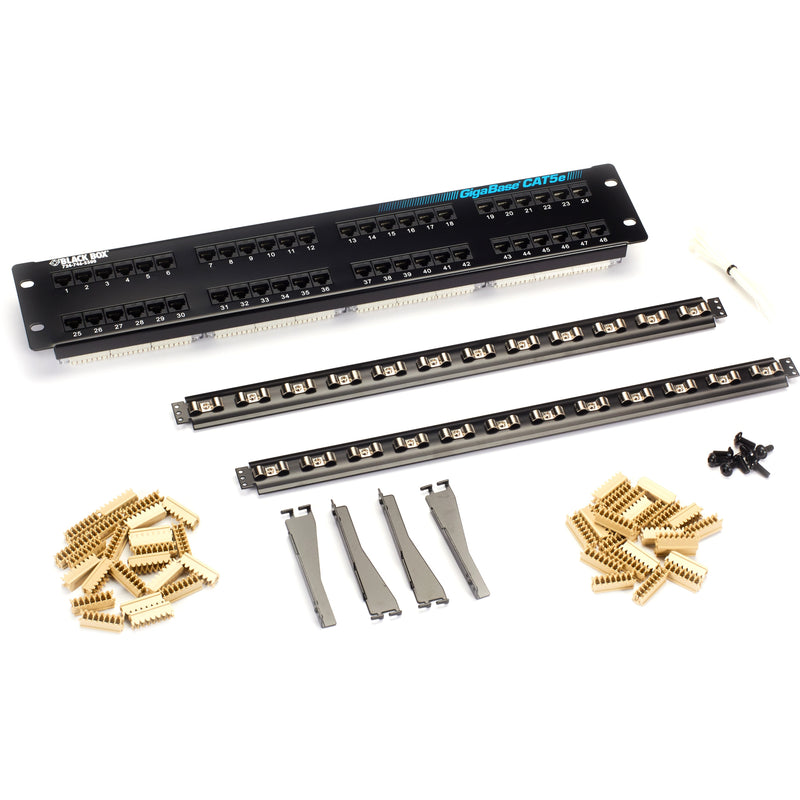 Exploded view of Black Box patch panel components including mounting hardware, cable management bars, and accessories