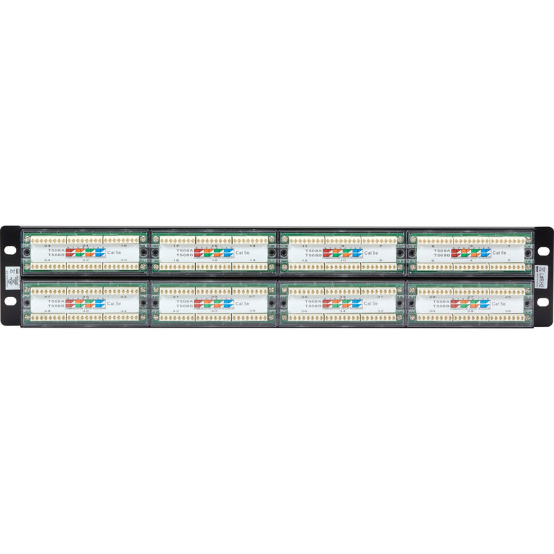 Close-up view of patch panel's internal wiring interface showing terminal layout and contact design