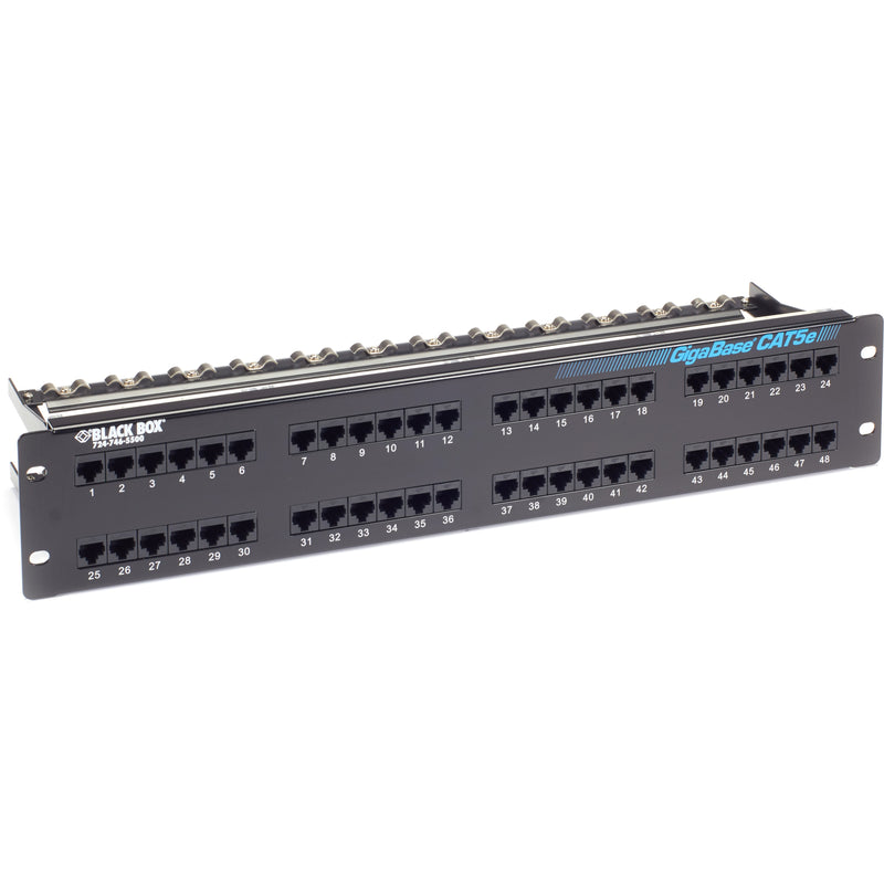 Front view of Black Box GigaBase CAT5e 48-port patch panel with numbered ports and rack mounting brackets