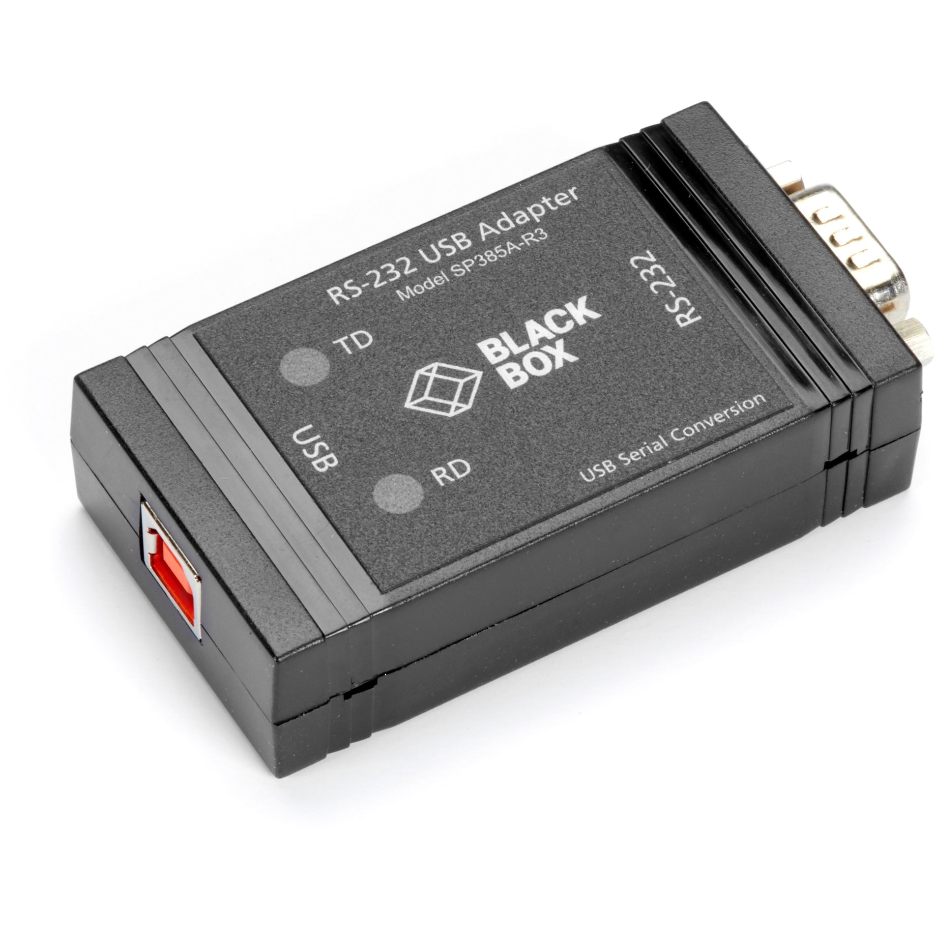 Black Box SP385A-R3 USB to RS232 opto-isolated converter showing top view with status indicators and product labeling-alternate-image1