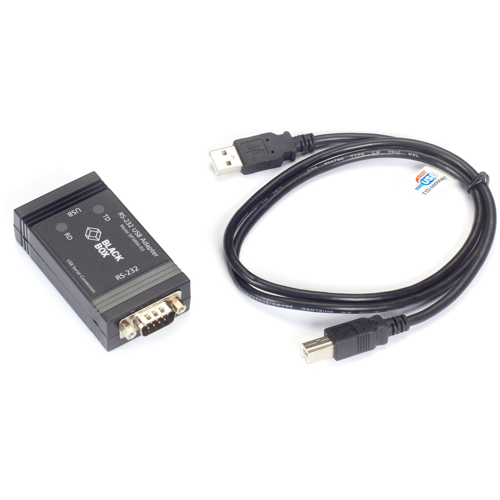 Black Box USB to RS232 converter shown with included USB cable for complete connection solution-alternate-image2