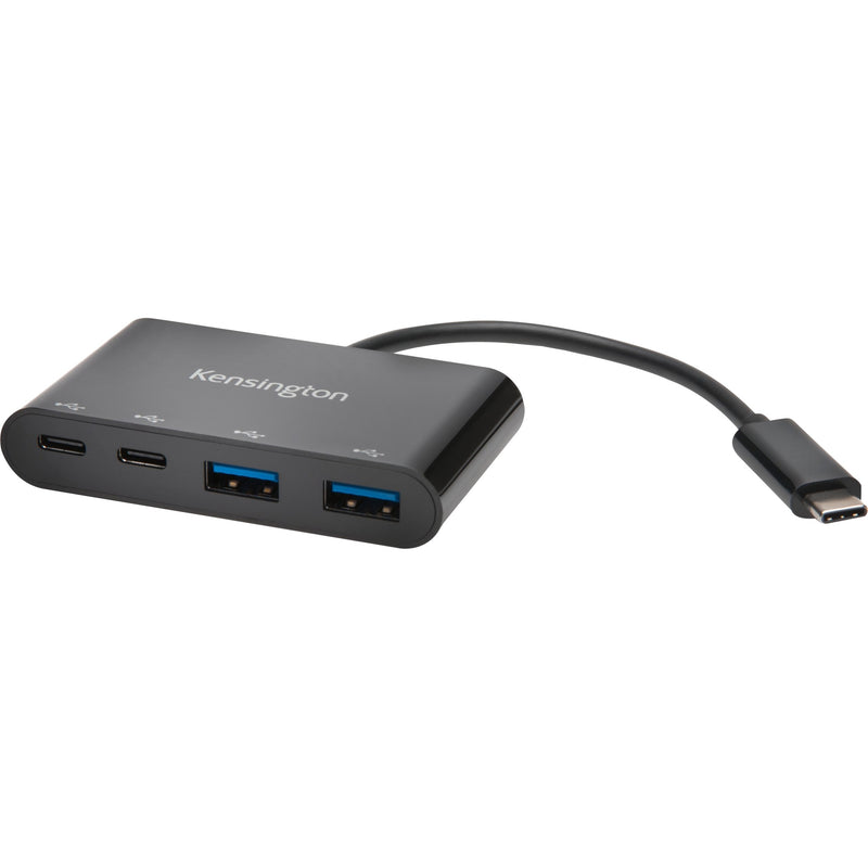 Kensington CH1000 USB-C hub showing four ports - two USB-A and two USB-C - in a slim black housing with attached USB-C cable