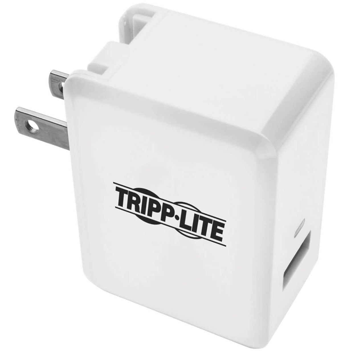 Front view of white Tripp Lite USB wall charger with logo and folding prongs-alternate-image1