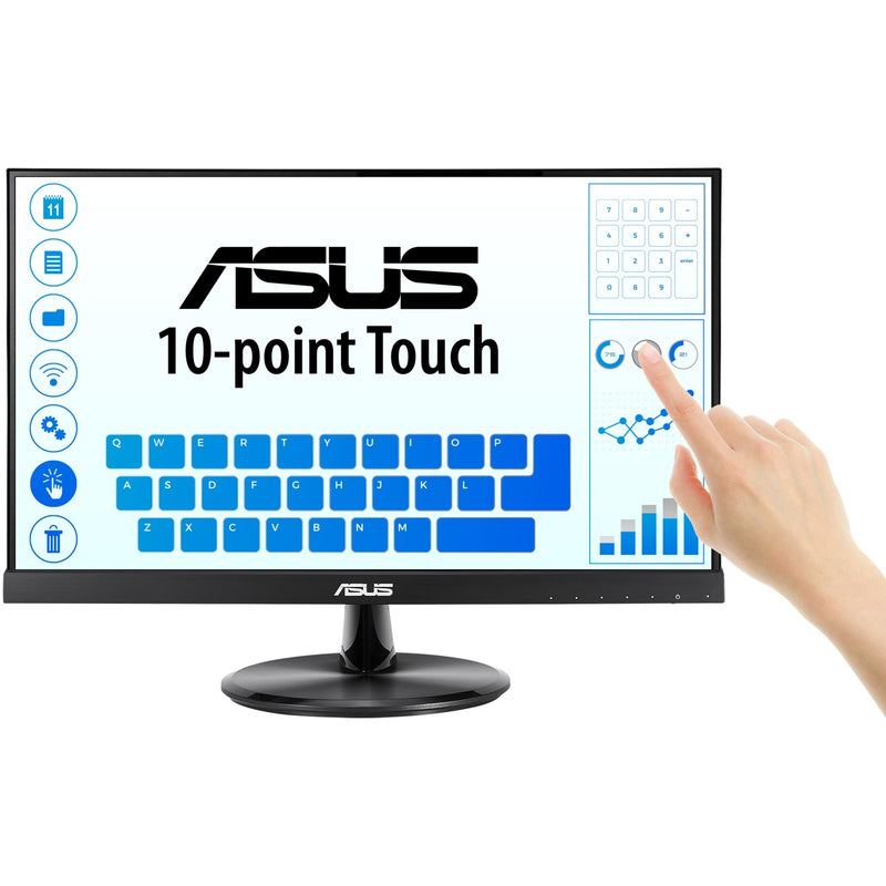 ASUS VT229H touchscreen monitor displaying 10-point touch capability with interface elements and on-screen keyboard